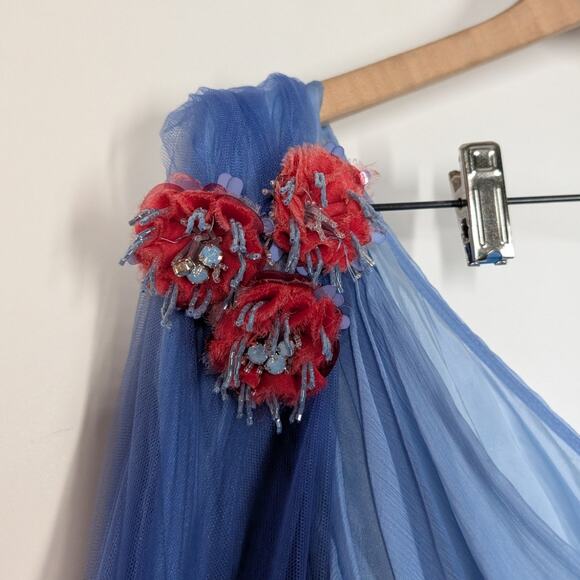 Talbot Runhof Grecian Blue One Shoulder Draped Gown Floral Embellishments Sz 12 - Picture 6 of 15